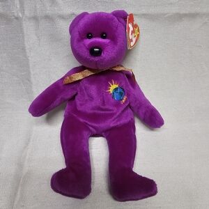 TY 1999 Millennium Beanie Baby Plush Bear - Purple with Gold Ribbon